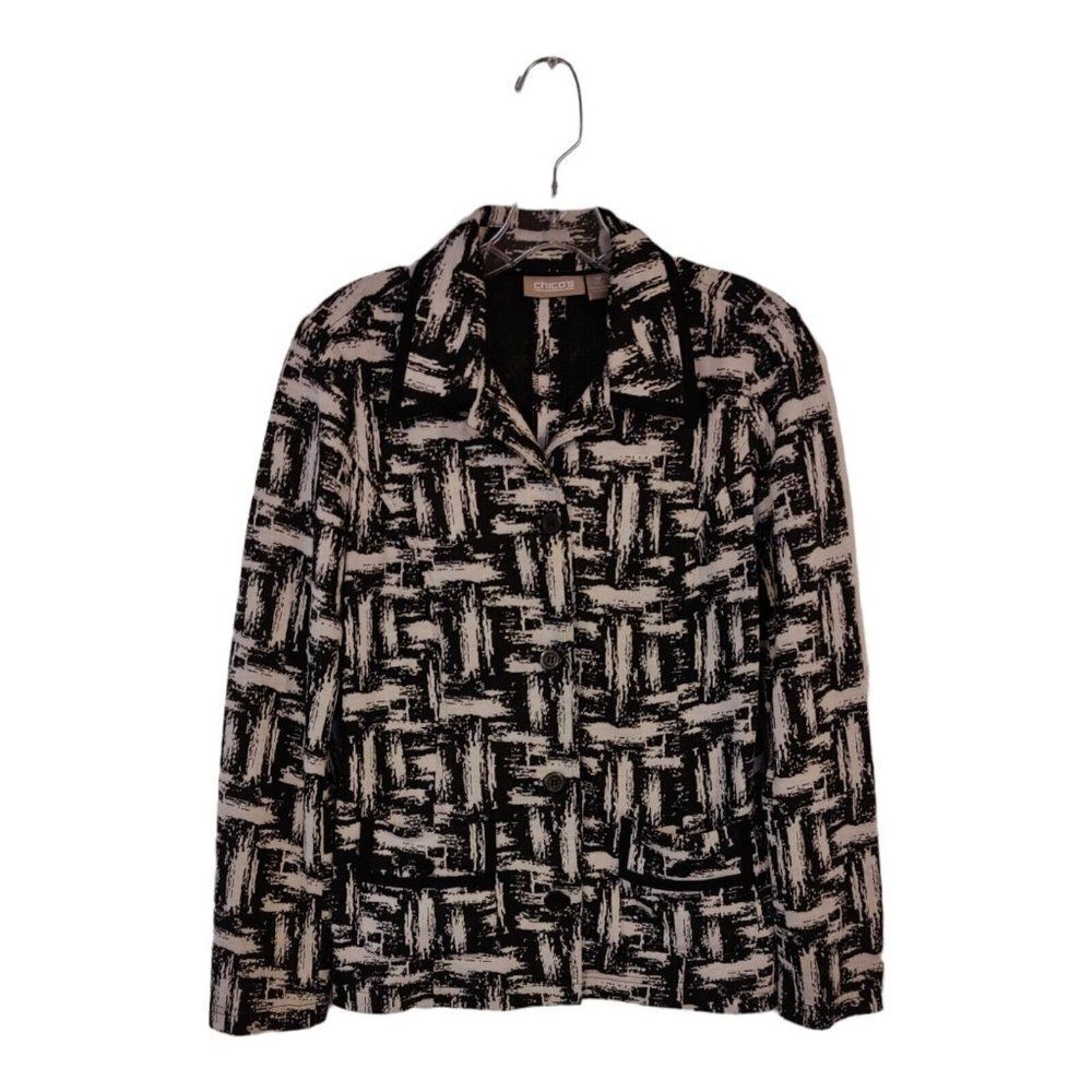 Chico's Womens Knit Cardigan Sweater Sz 0 Pockets Black White Button Collar